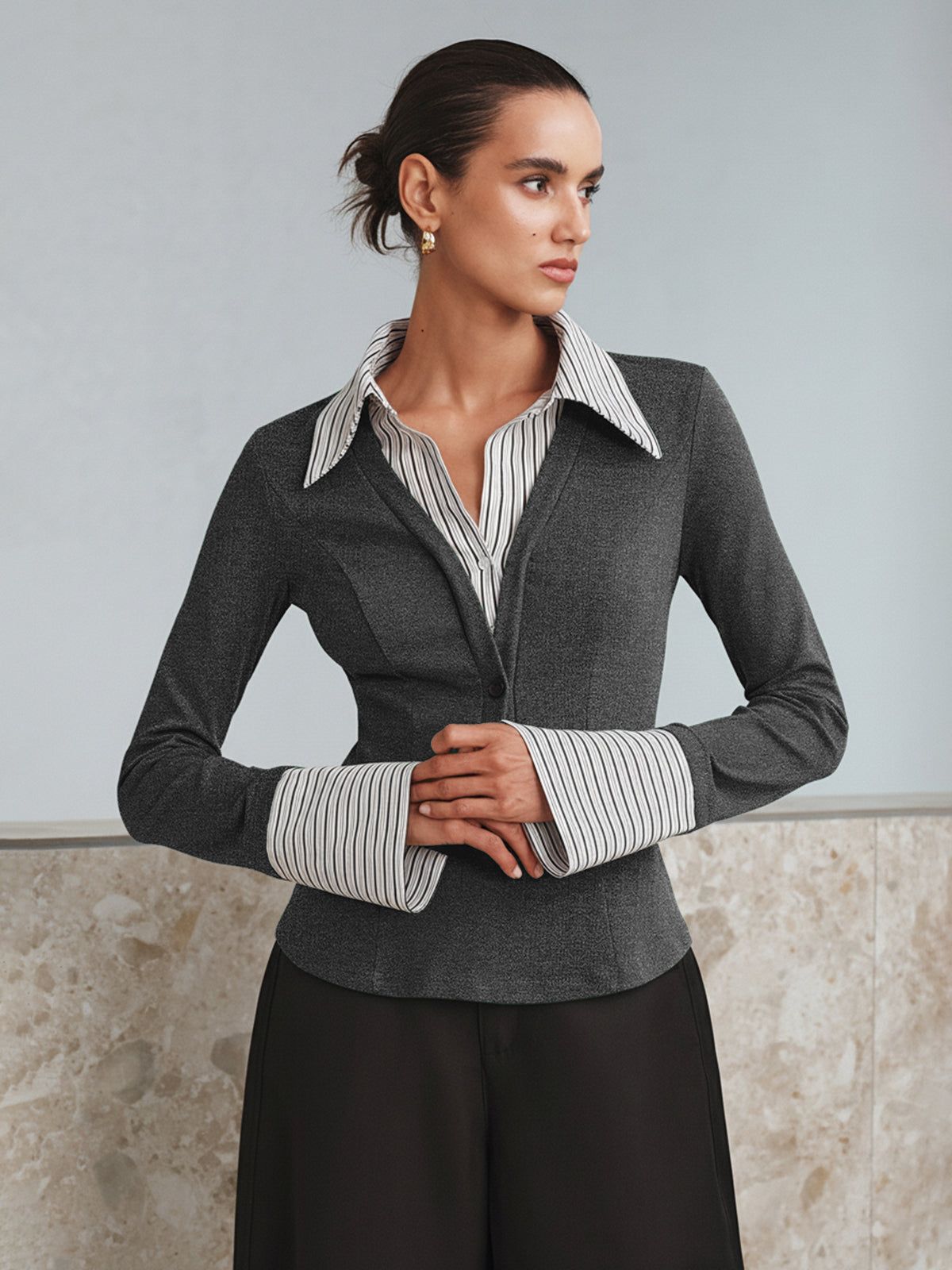 Mock Two-Piece Long-Sleeve Two Tone Polo Top-Chicvia