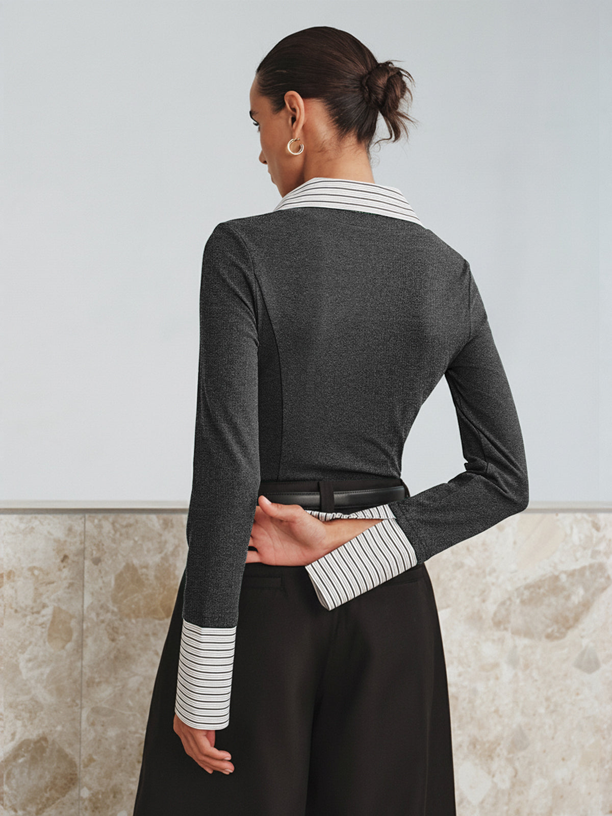 Mock Two-Piece Long-Sleeve Two Tone Polo Top-Chicvia