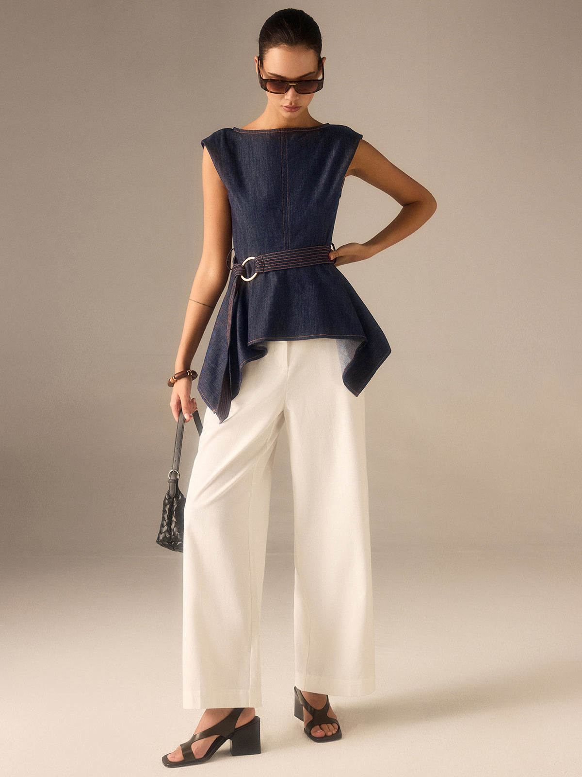Denim Peplum Belted Top with Asymmetric Hem-Chicvia