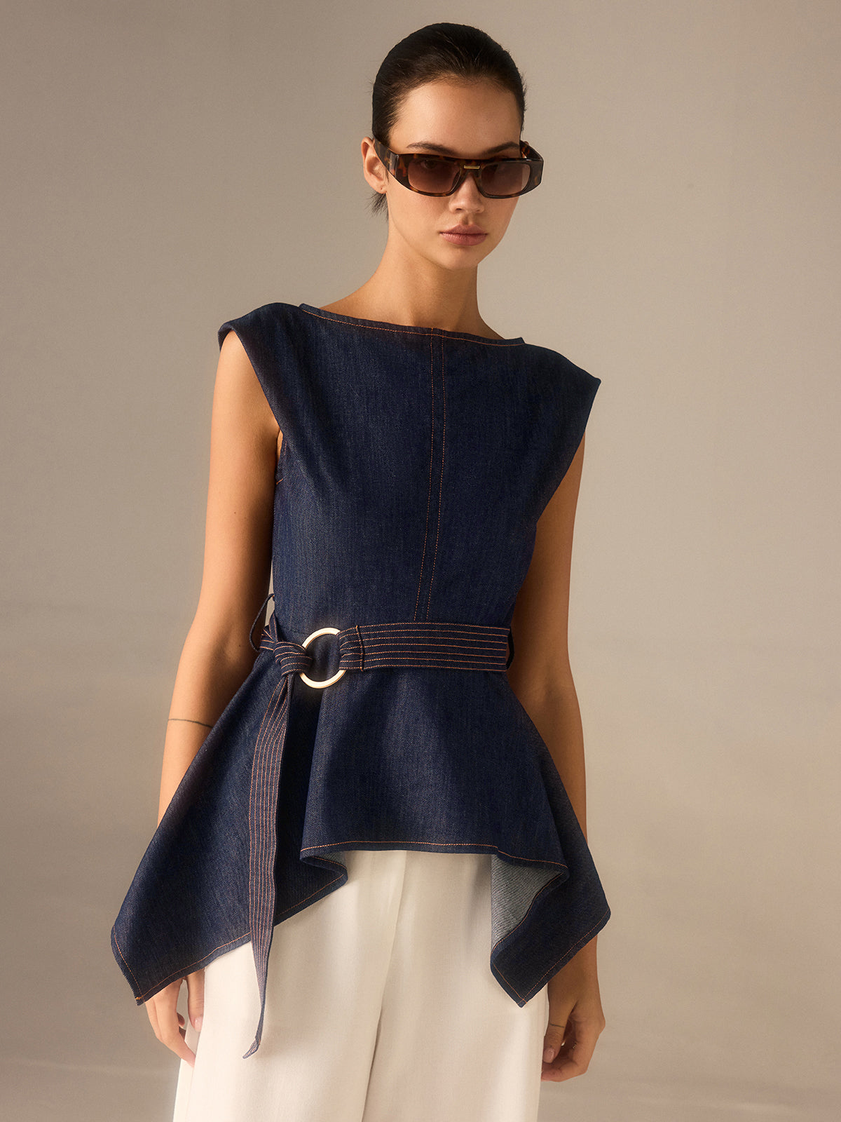 Denim Peplum Belted Top with Asymmetric Hem-Chicvia