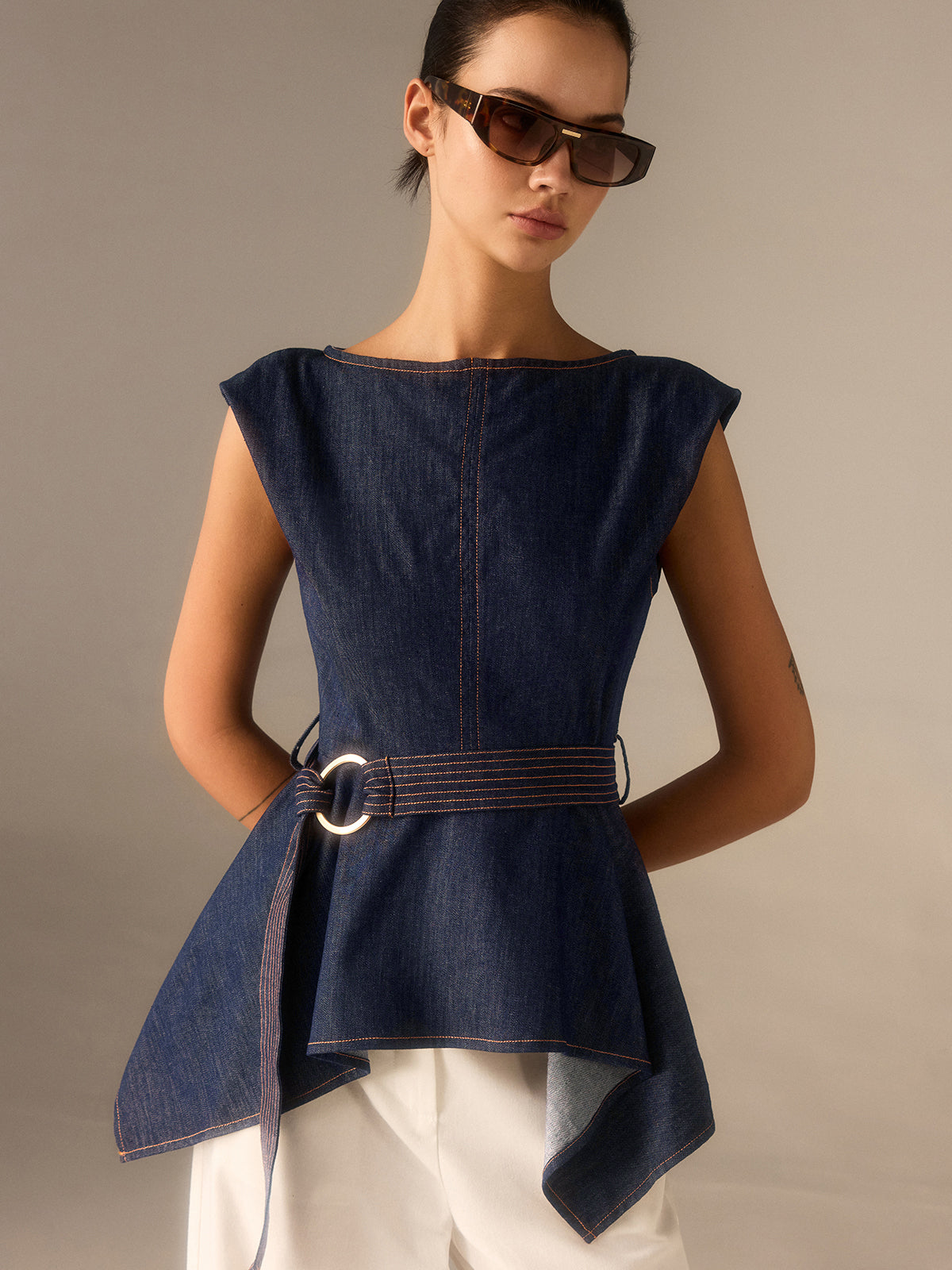 Denim Peplum Belted Top with Asymmetric Hem-Chicvia