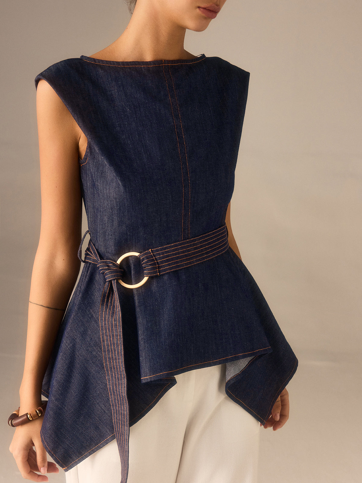 Denim Peplum Belted Top with Asymmetric Hem-Chicvia