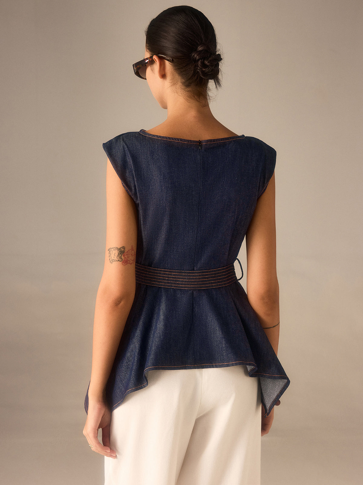 Denim Peplum Belted Top with Asymmetric Hem-Chicvia