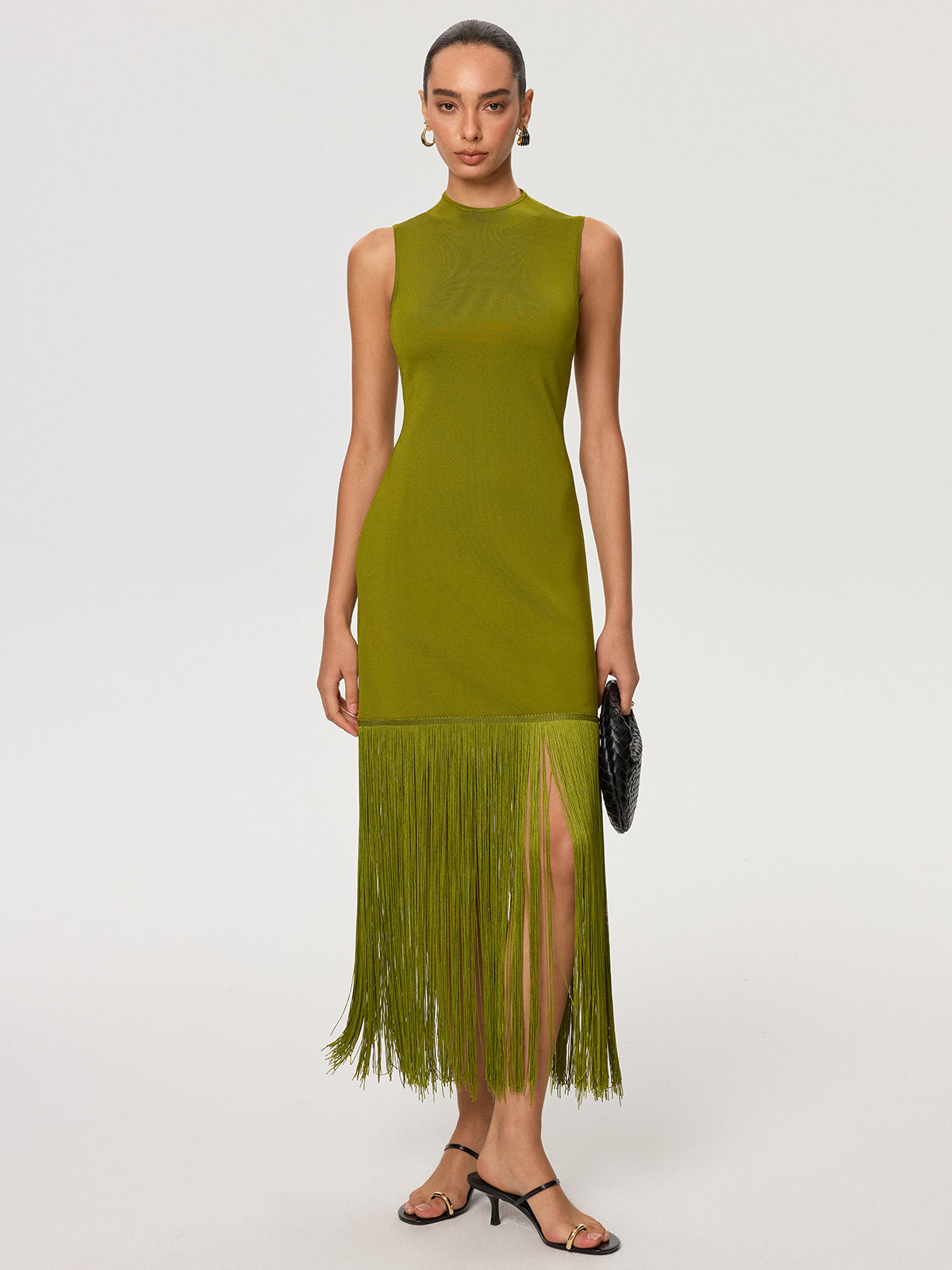 Fringe Hem Tencel Sleeveless Maxi Dress-Chicvia