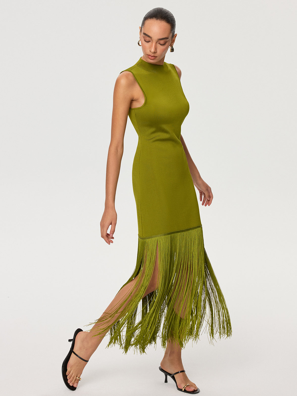 Fringe Hem Tencel Sleeveless Maxi Dress-Chicvia