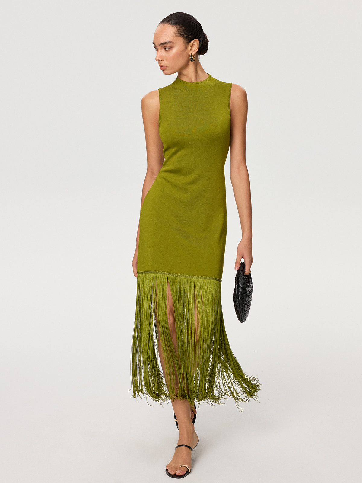 Fringe Hem Tencel Sleeveless Maxi Dress-Chicvia
