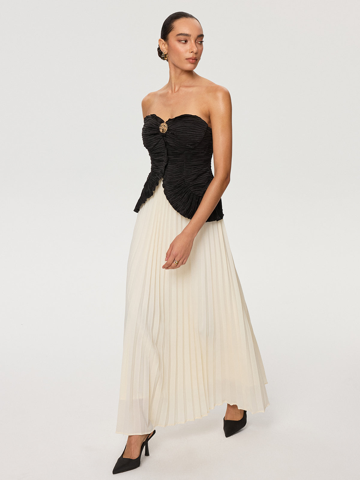 Color-Block Strapless Pleated Chiffon Maxi Dress-Chicvia