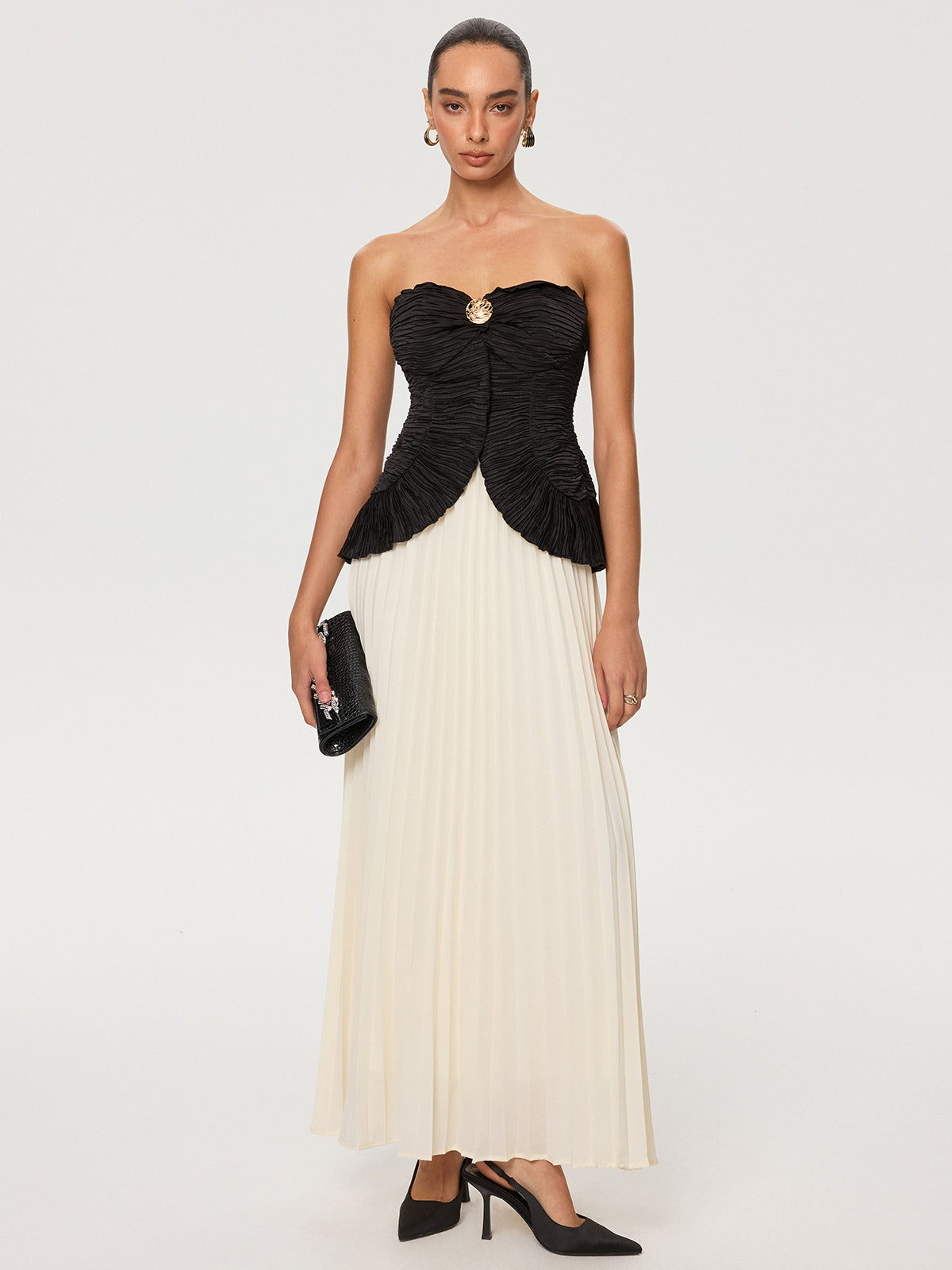 Color-Block Strapless Pleated Chiffon Maxi Dress-Chicvia