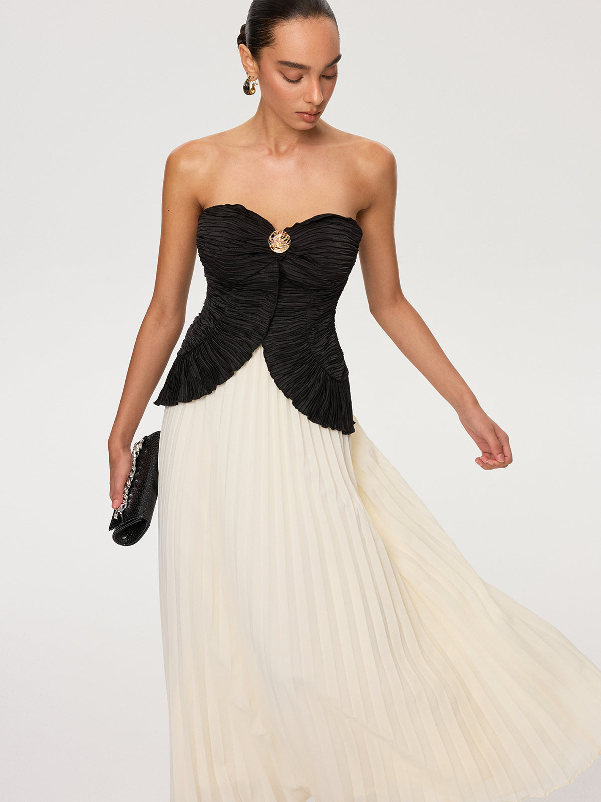 Color-Block Strapless Pleated Chiffon Maxi Dress-Chicvia