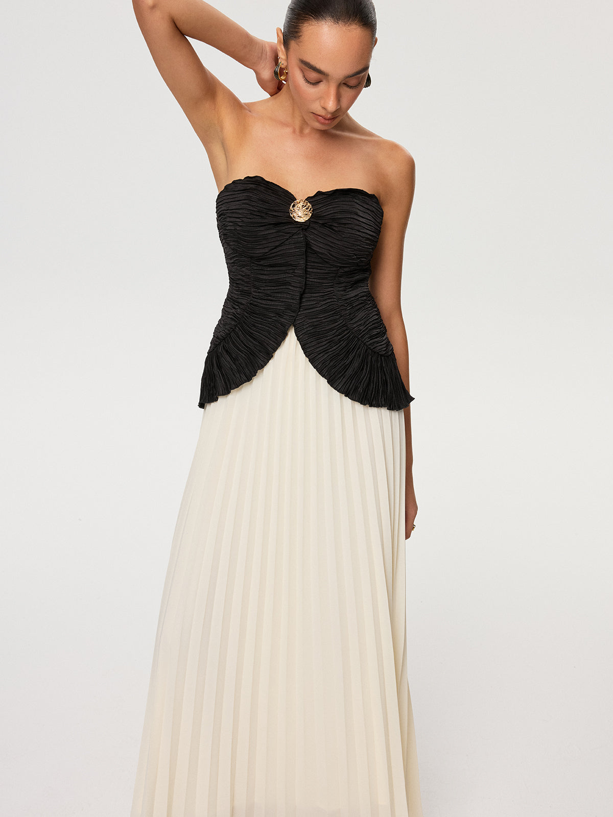 Color-Block Strapless Pleated Chiffon Maxi Dress-Chicvia
