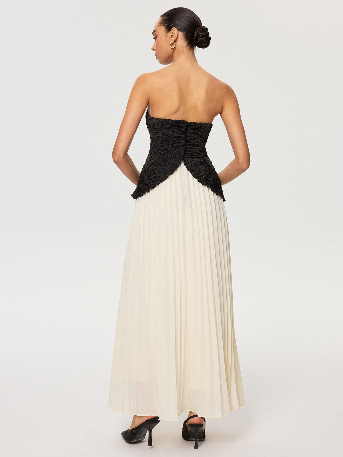 Color-Block Strapless Pleated Chiffon Maxi Dress-Chicvia