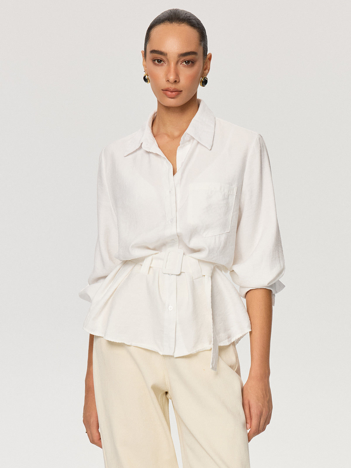 Long Sleeve Belted Cotton Shirt-Chicvia