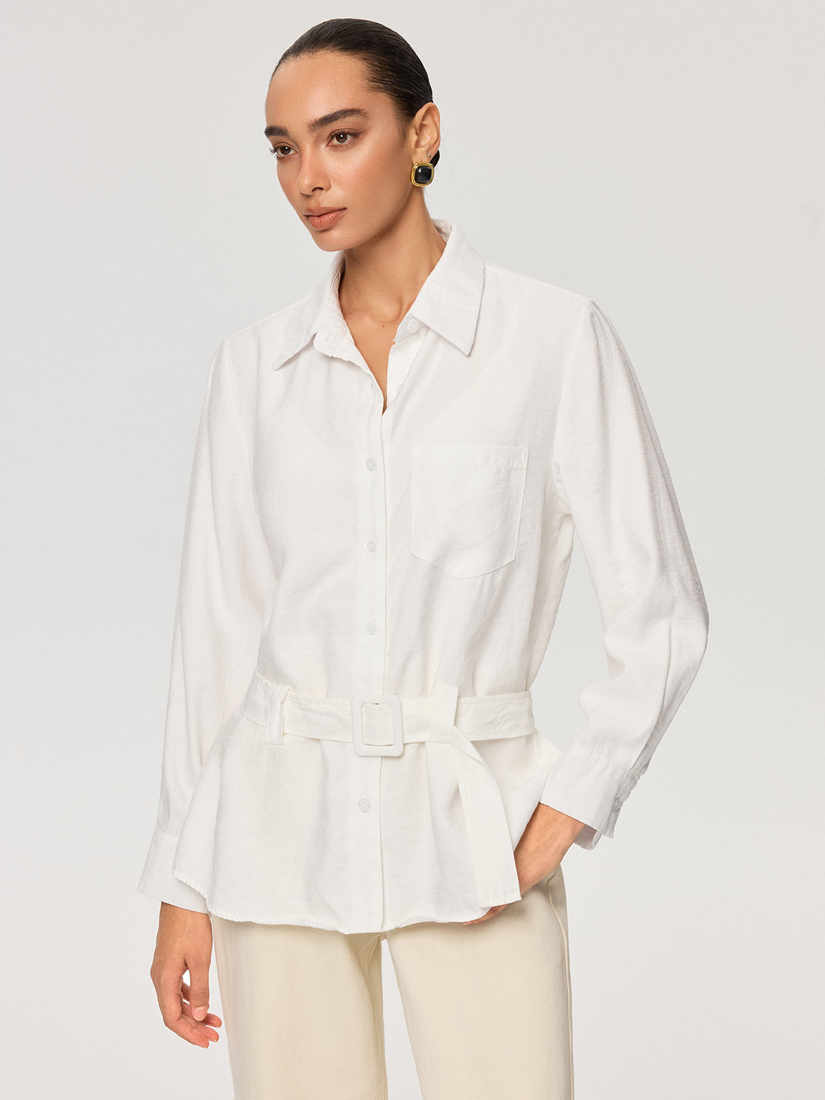 Long Sleeve Belted Cotton Shirt-Chicvia