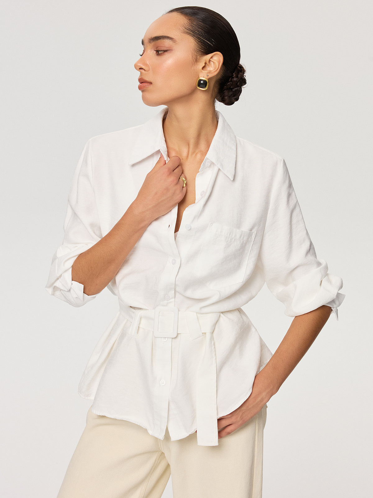 Long Sleeve Belted Cotton Shirt-Chicvia