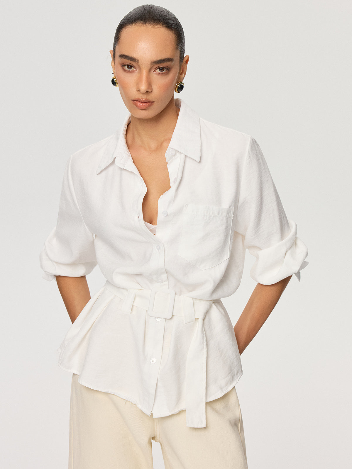 Long Sleeve Belted Cotton Shirt-Chicvia