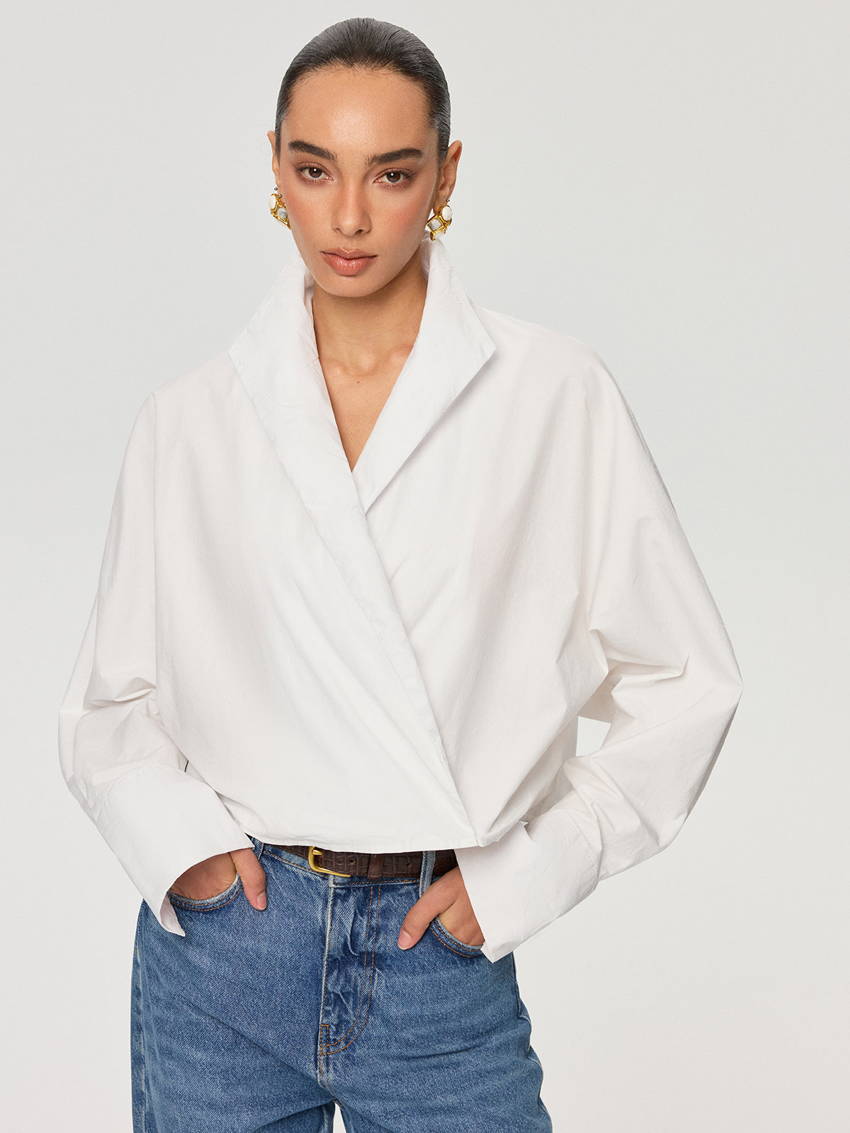 Cropped Stand Collar Cotton Shirt-Chicvia