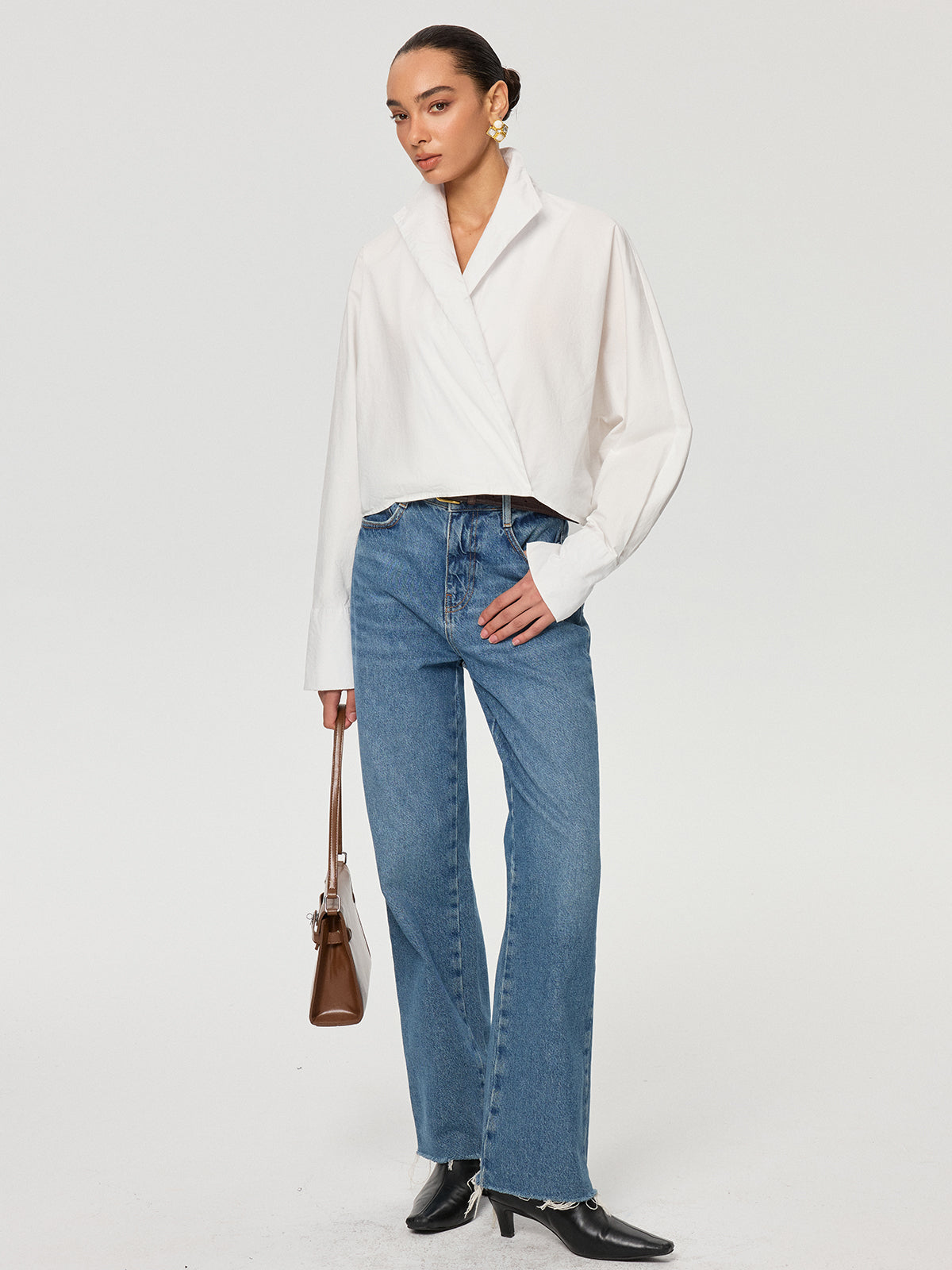 Cropped Stand Collar Cotton Shirt-Chicvia