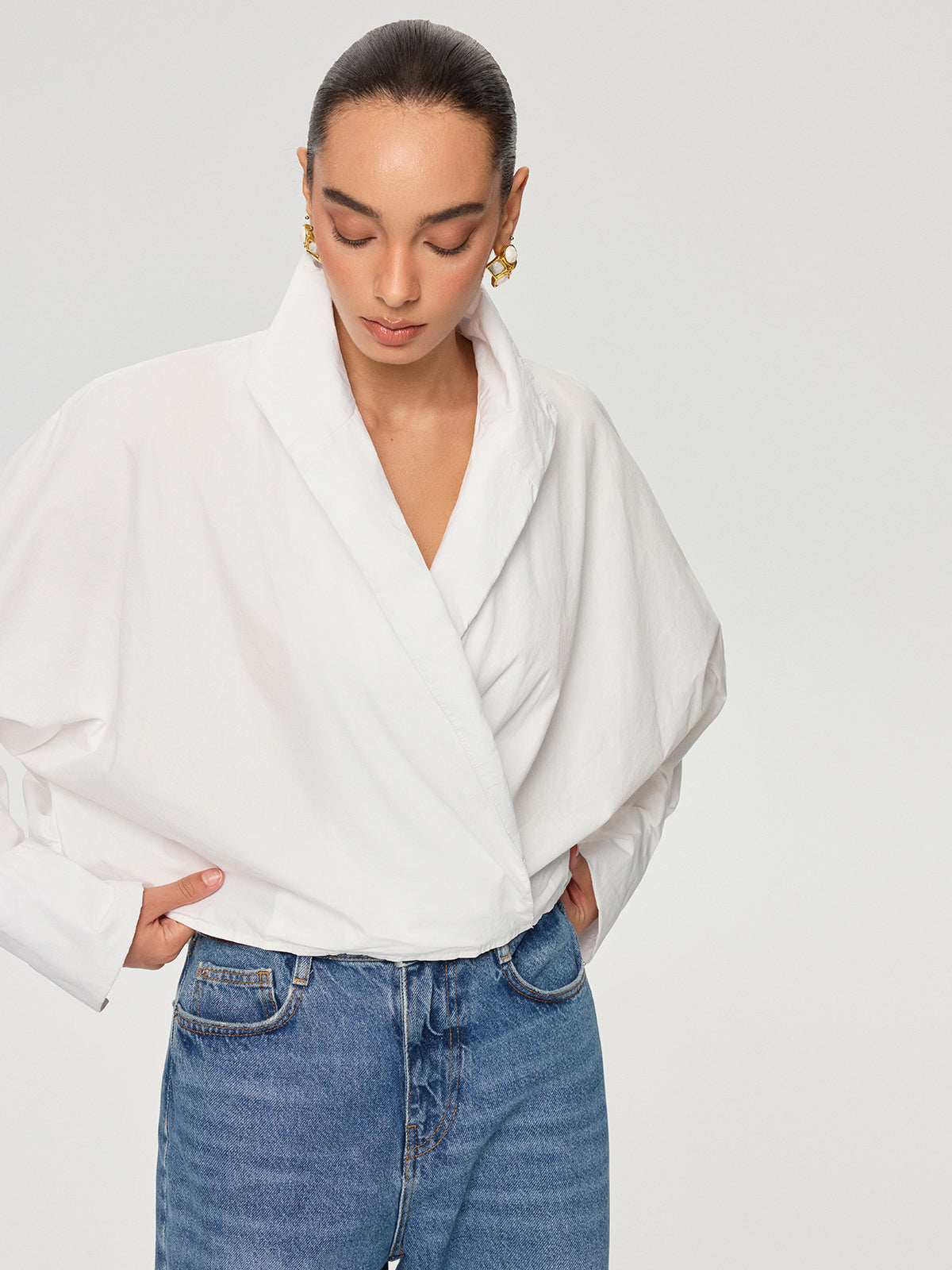 Cropped Stand Collar Cotton Shirt-Chicvia