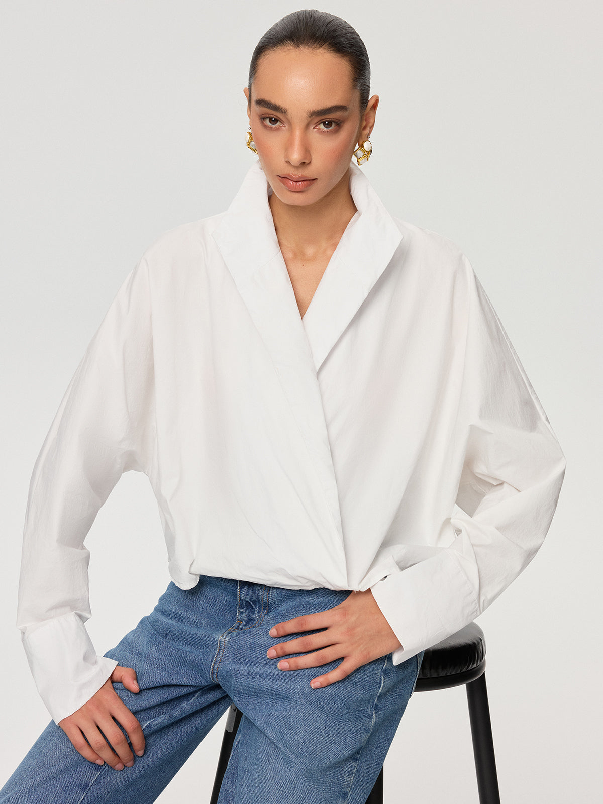 Cropped Stand Collar Cotton Shirt-Chicvia