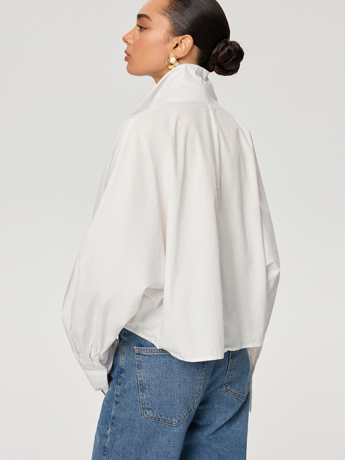 Cropped Stand Collar Cotton Shirt-Chicvia