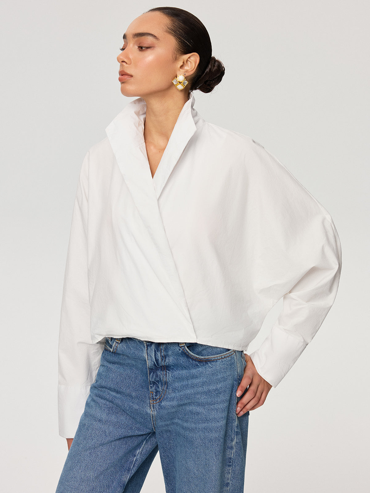 Cropped Stand Collar Cotton Shirt-Chicvia