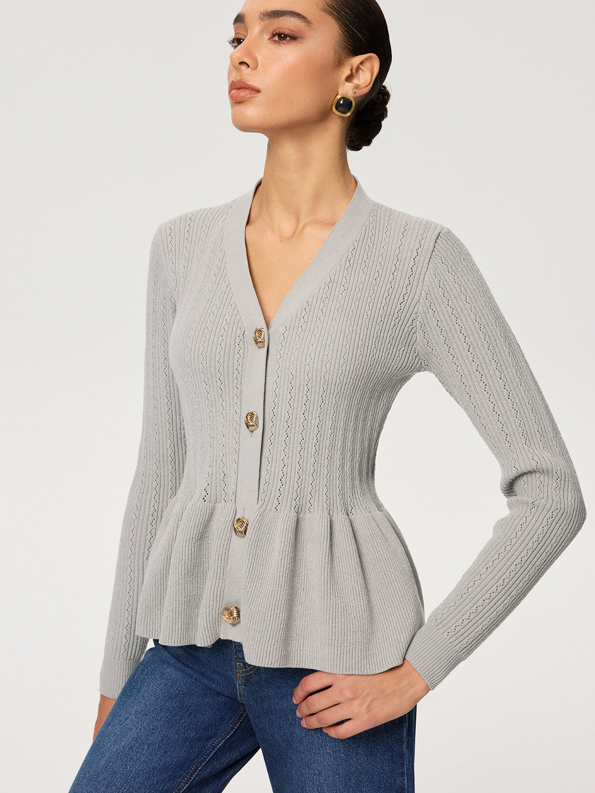 Metal Button V-Neck Peplum Knit Blouse-Chicvia