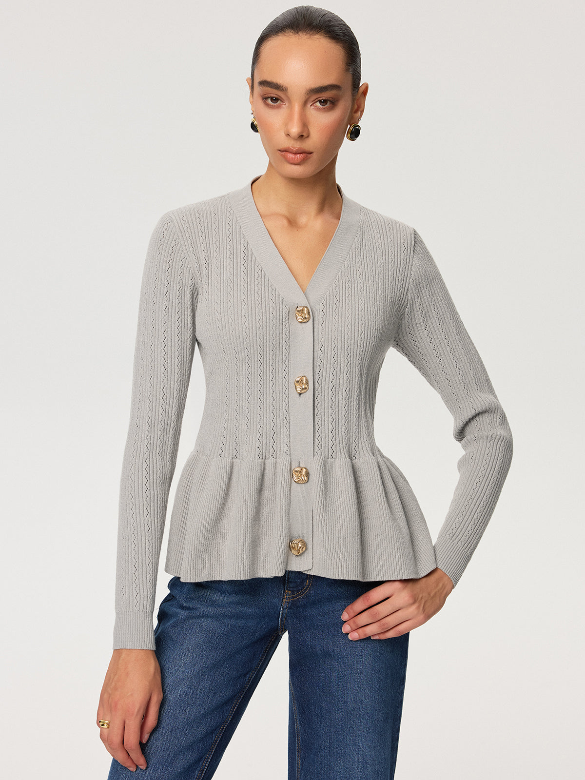 Metal Button V-Neck Peplum Knit Blouse-Chicvia