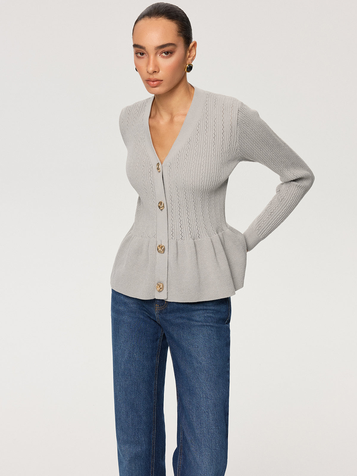 Metal Button V-Neck Peplum Knit Blouse-Chicvia