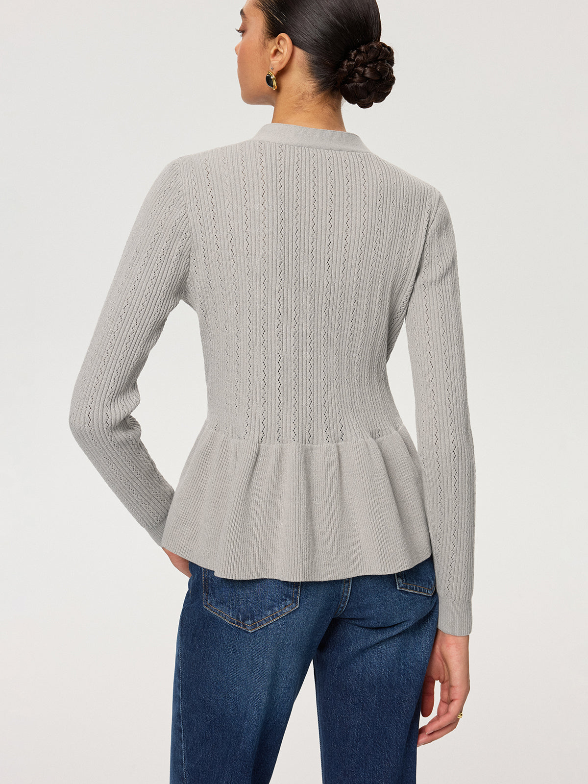 Metal Button V-Neck Peplum Knit Blouse-Chicvia