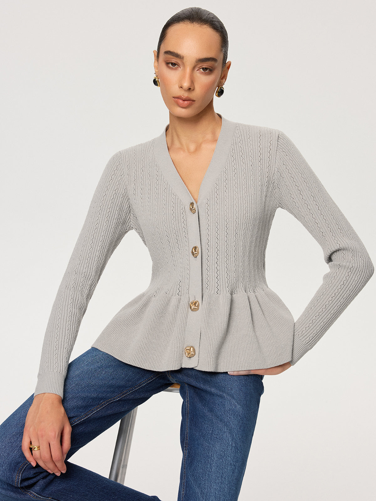 Metal Button V-Neck Peplum Knit Blouse-Chicvia