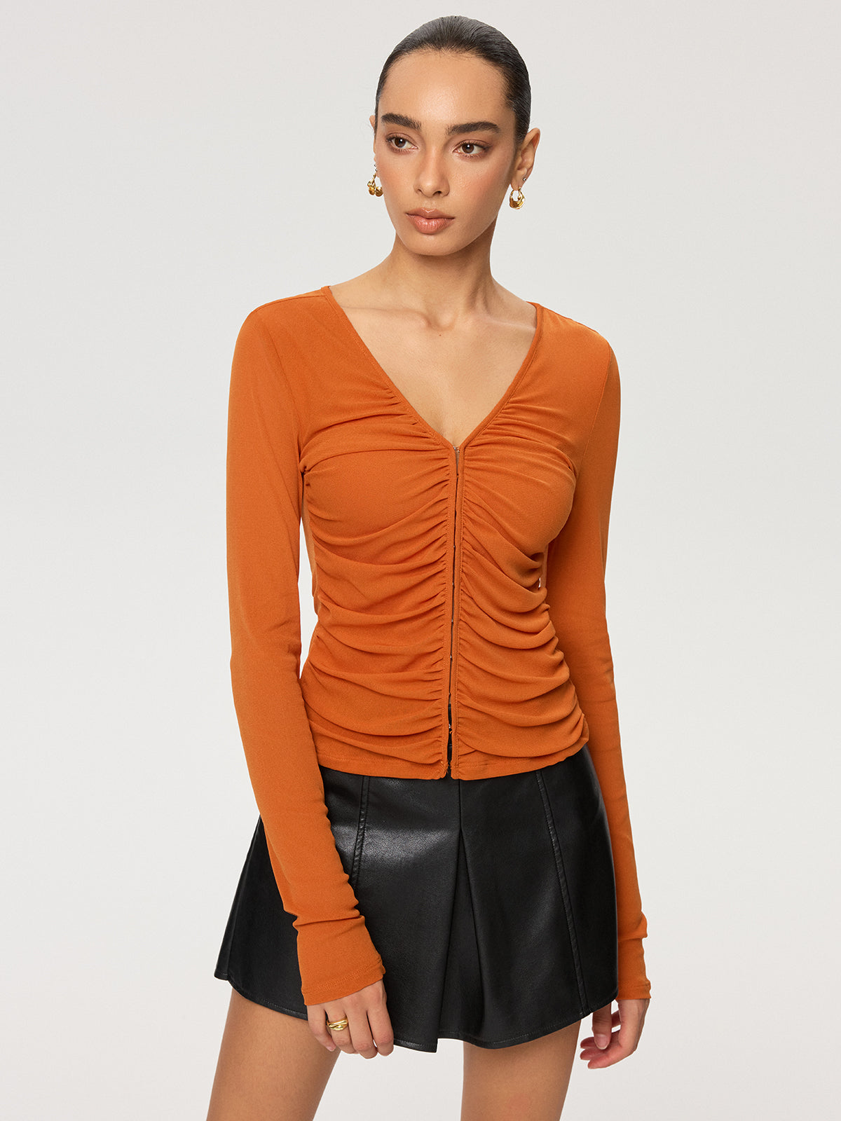 Hook-Eye Ruched V-Neck Long Sleeve Top-Chicvia