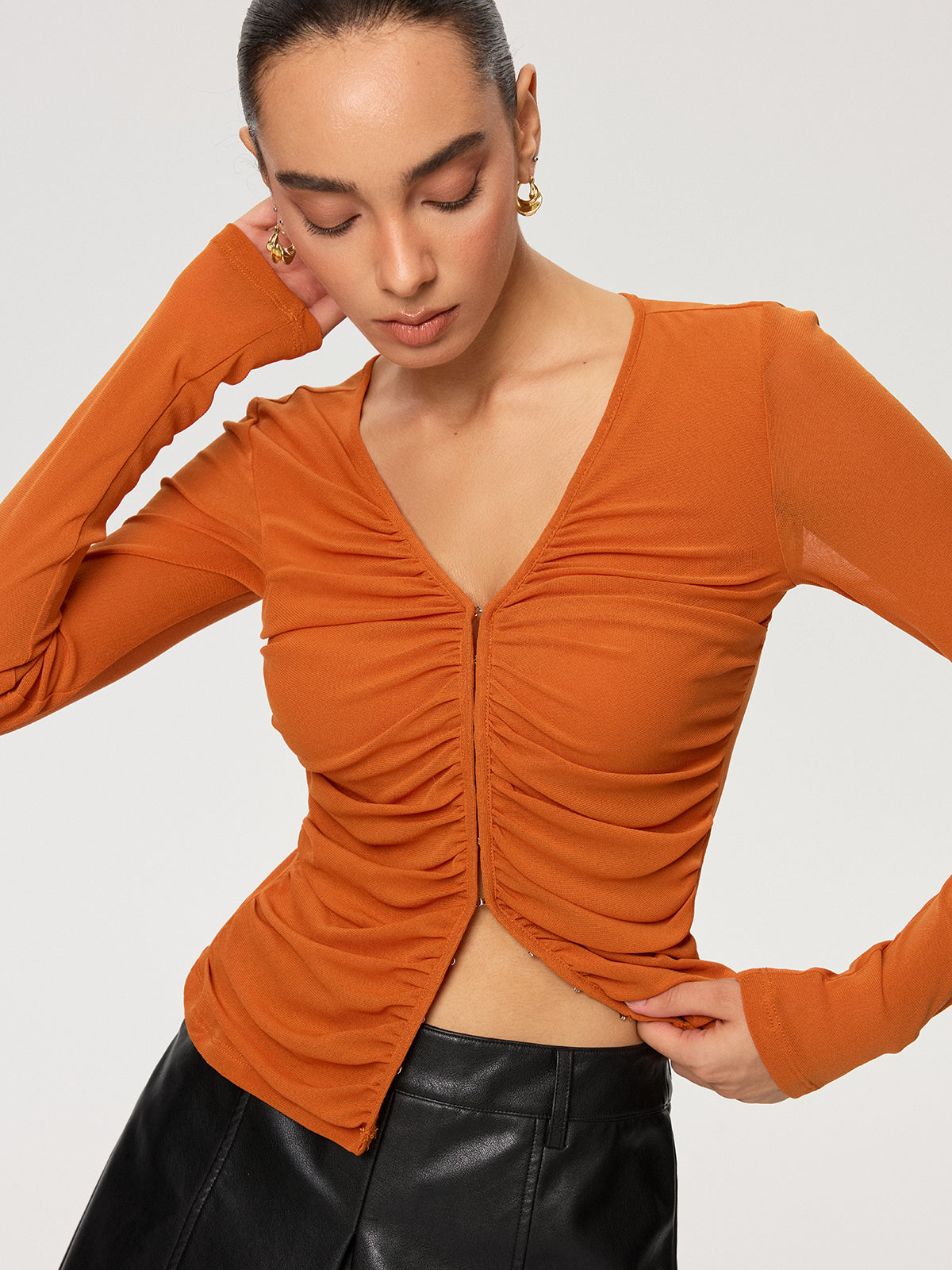 Hook-Eye Ruched V-Neck Long Sleeve Top-Chicvia