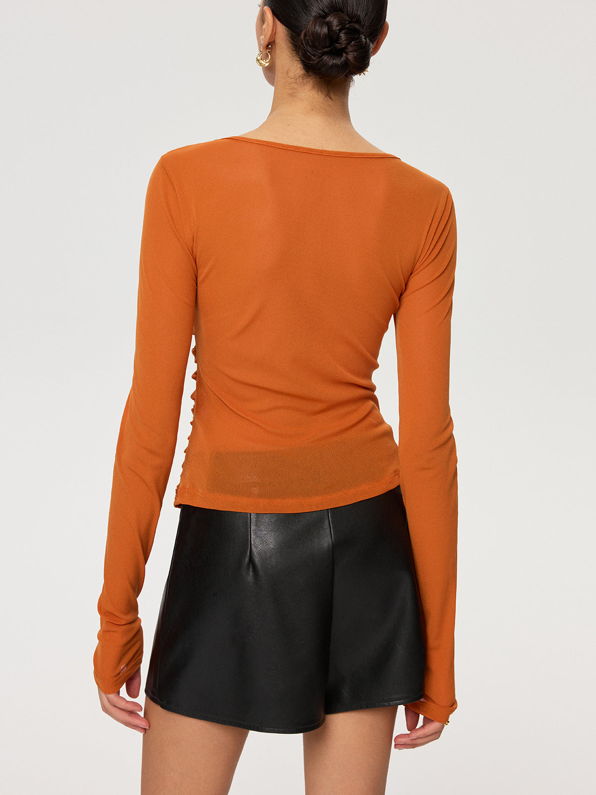 Hook-Eye Ruched V-Neck Long Sleeve Top-Chicvia
