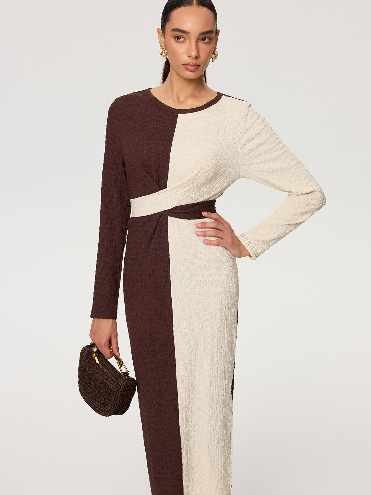 Cross-Tie Textured Color-Block Maxi Dress-Chicvia