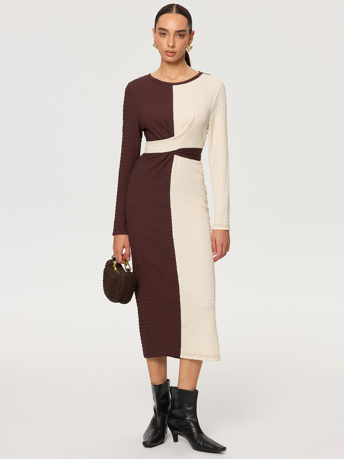 Cross-Tie Textured Color-Block Maxi Dress-Chicvia
