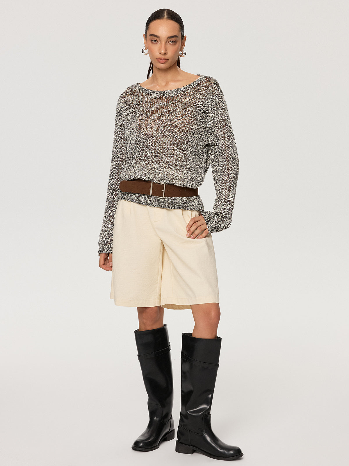 Off-Shoulder Belted Marled Sweater-Chicvia