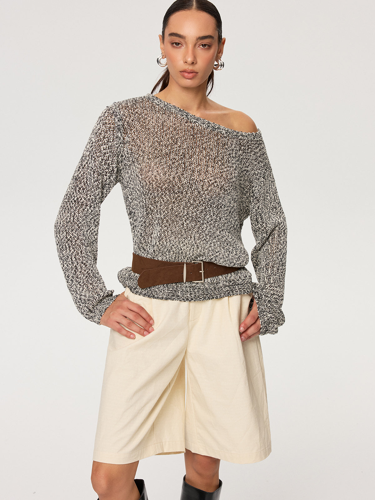 Off-Shoulder Belted Marled Sweater-Chicvia