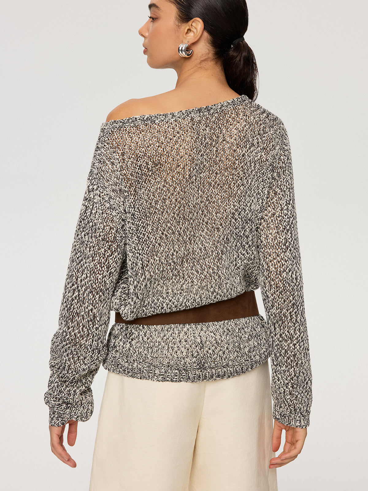 Off-Shoulder Belted Marled Sweater-Chicvia
