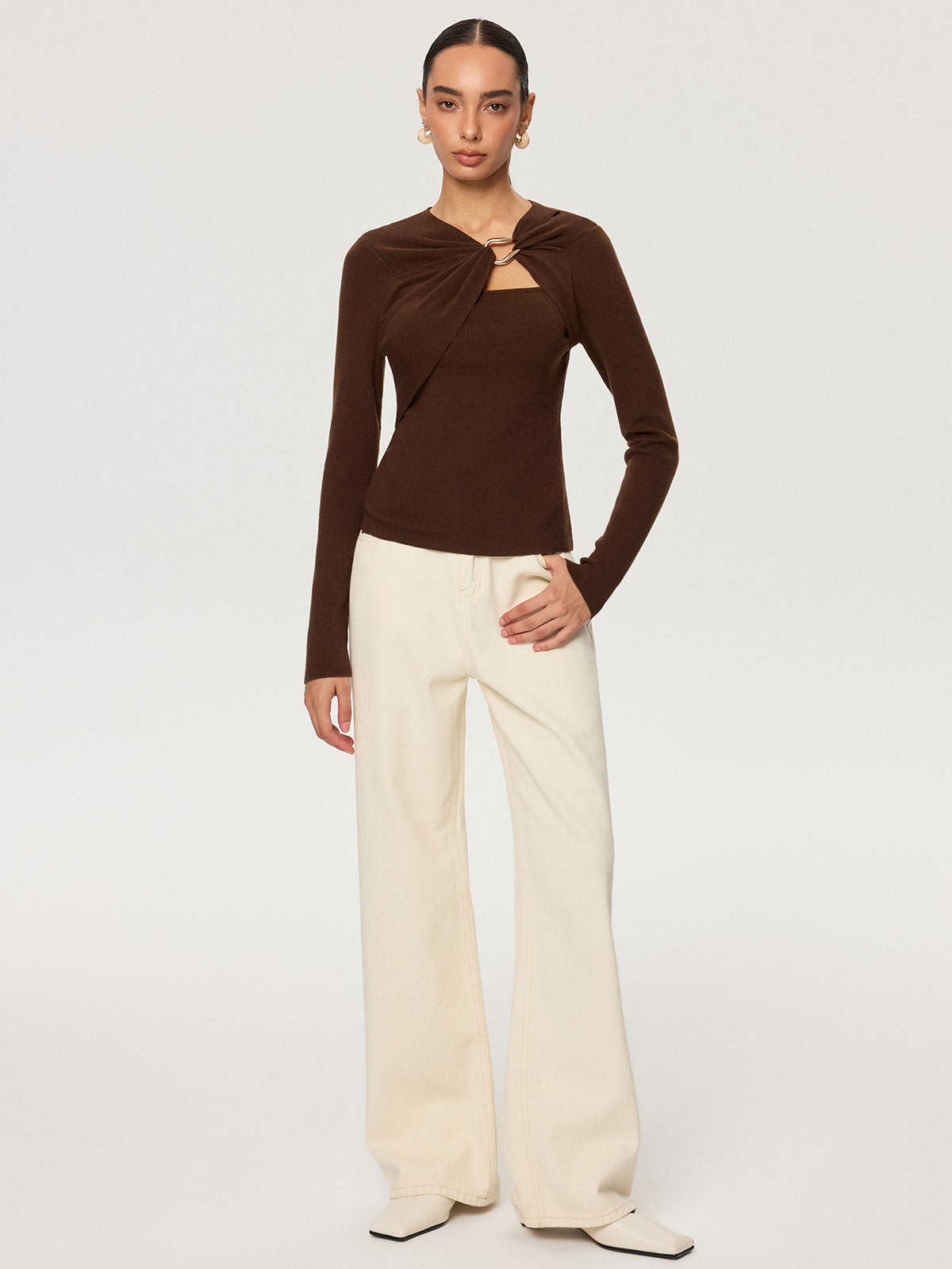 Metal Ring Detail Long Sleeve Knit Top-Chicvia