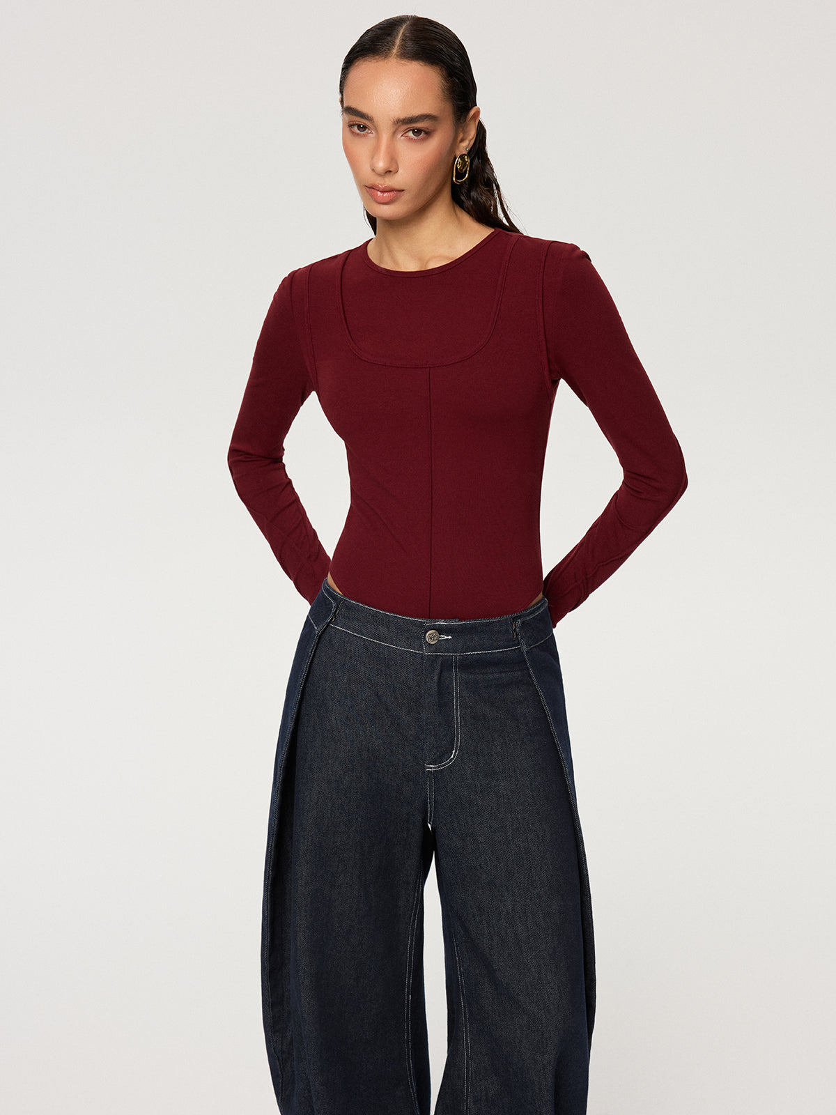 Contour-Seam Long Sleeve Bodysuit-Chicvia