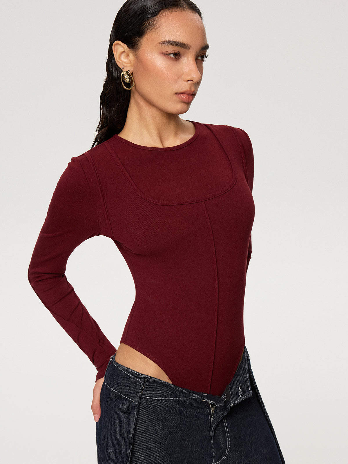 Contour-Seam Long Sleeve Bodysuit-Chicvia