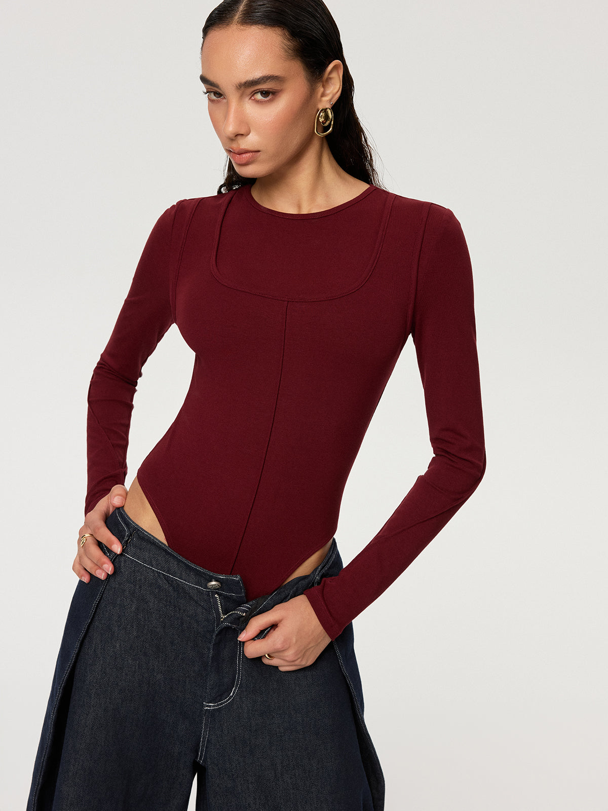 Contour-Seam Long Sleeve Bodysuit-Chicvia