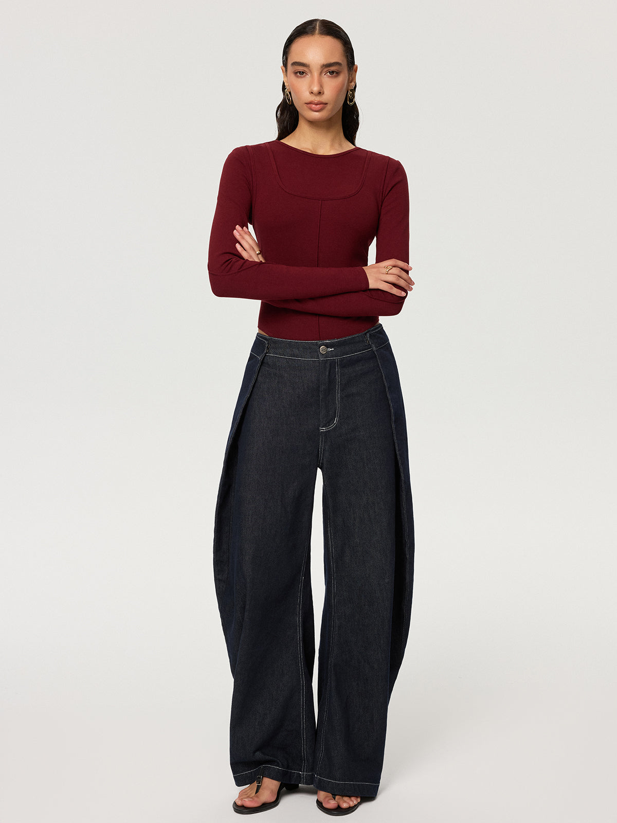 Contour-Seam Long Sleeve Bodysuit-Chicvia