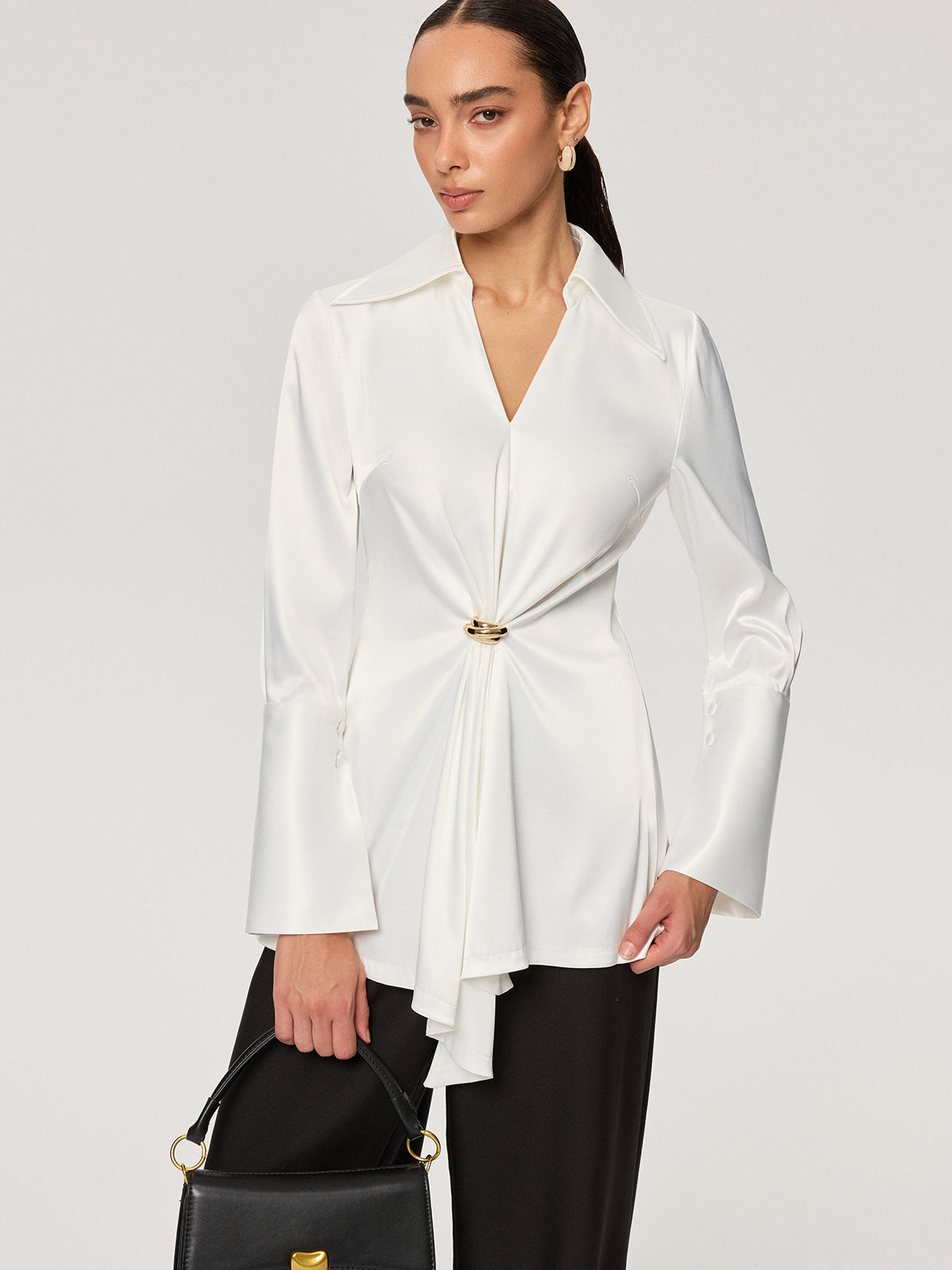Metal Detail Cinching Satin V-Neck Blouse-Chicvia
