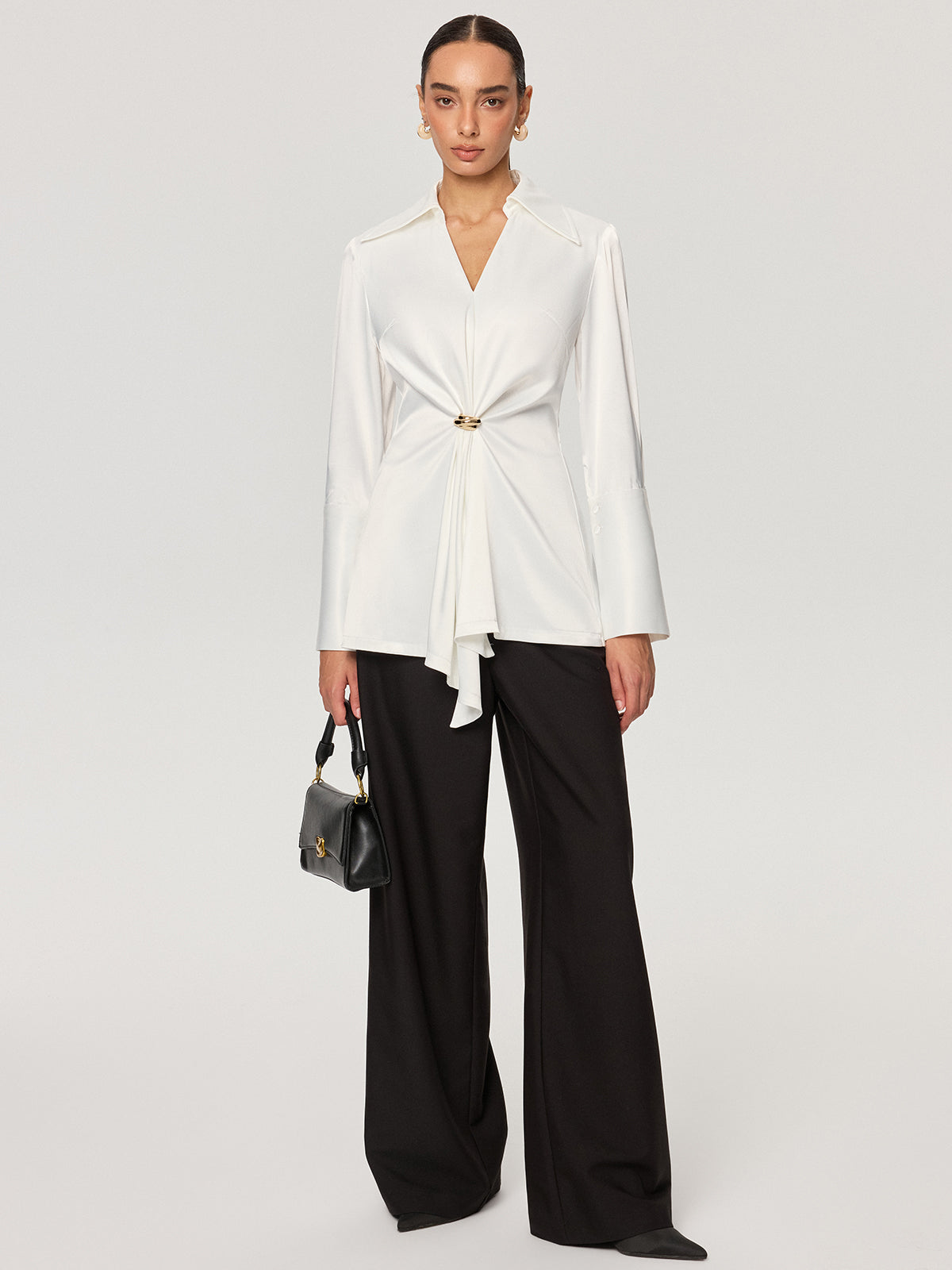 Metal Detail Cinching Satin V-Neck Blouse-Chicvia