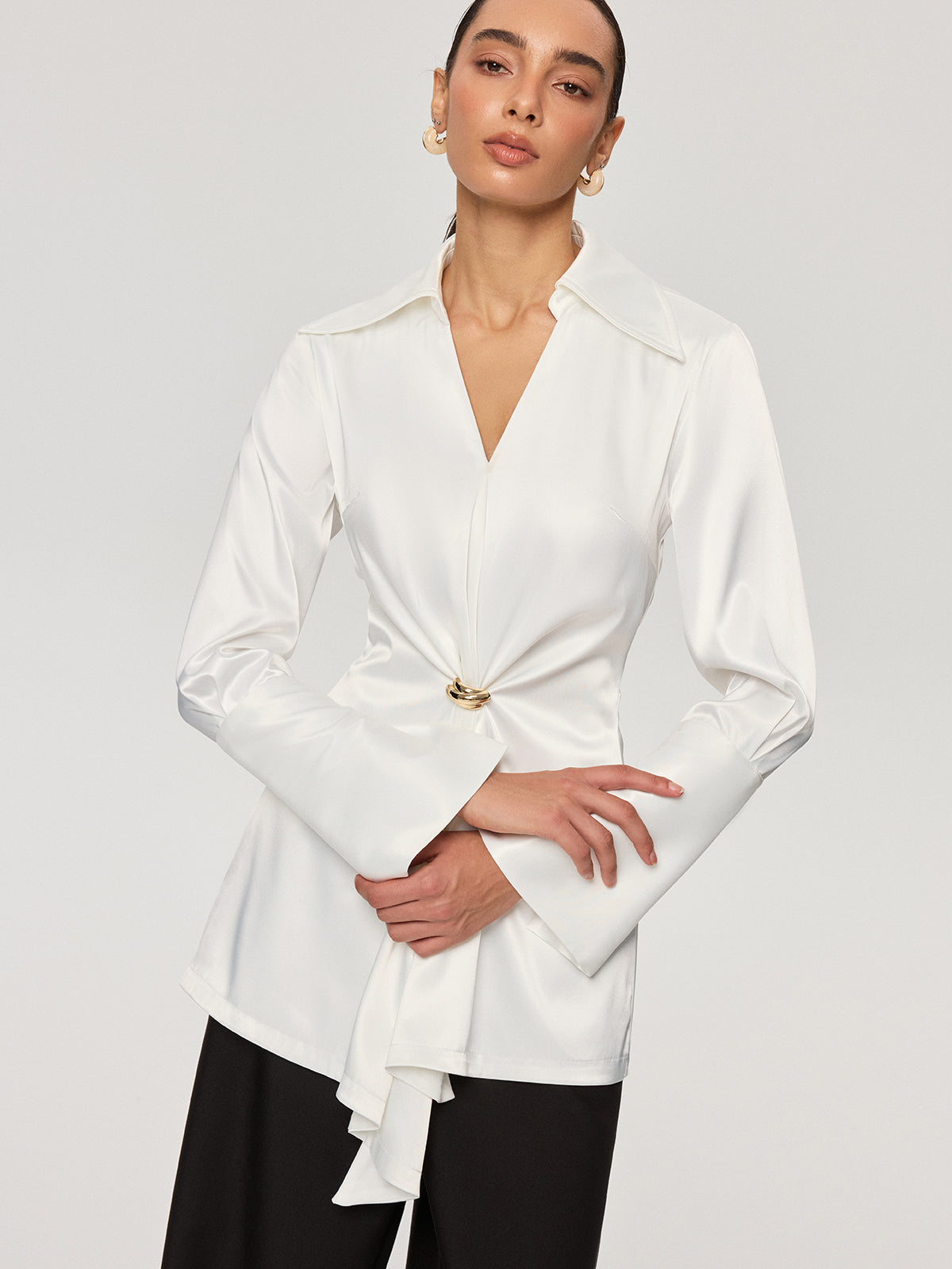 Metal Detail Cinching Satin V-Neck Blouse-Chicvia