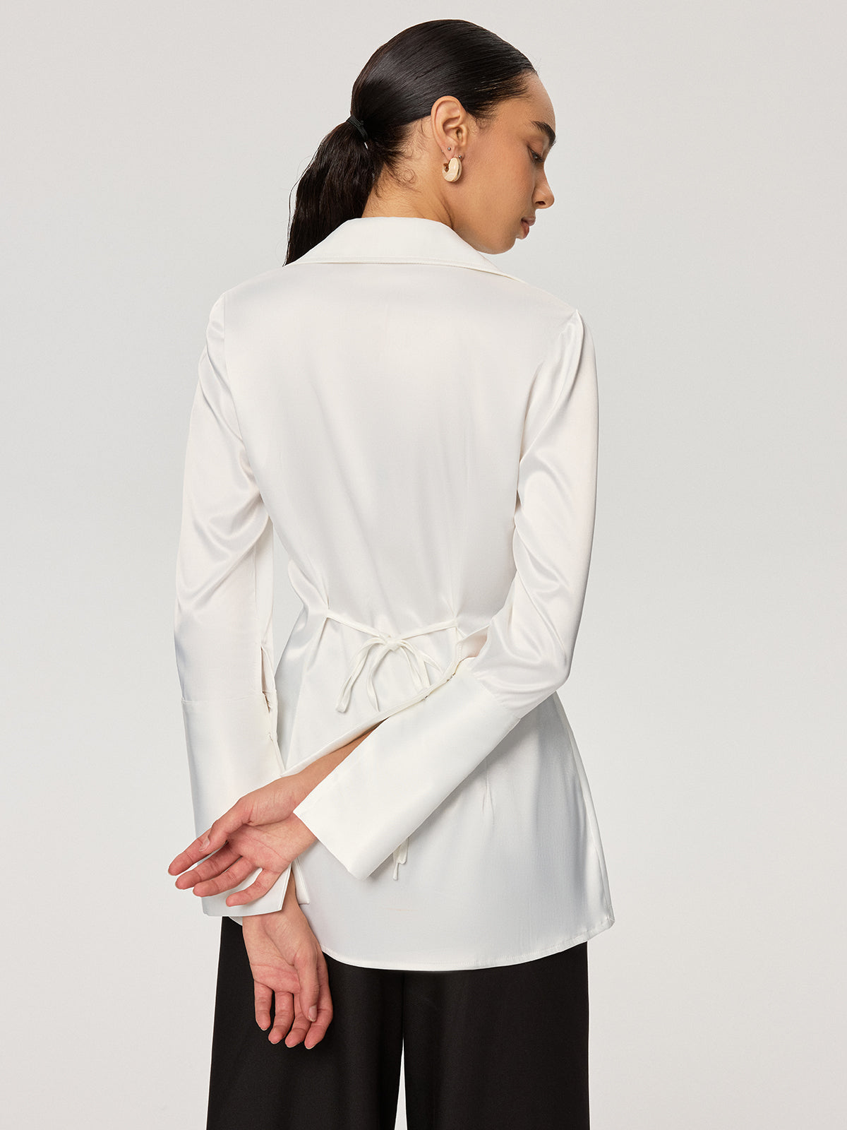 Metal Detail Cinching Satin V-Neck Blouse-Chicvia