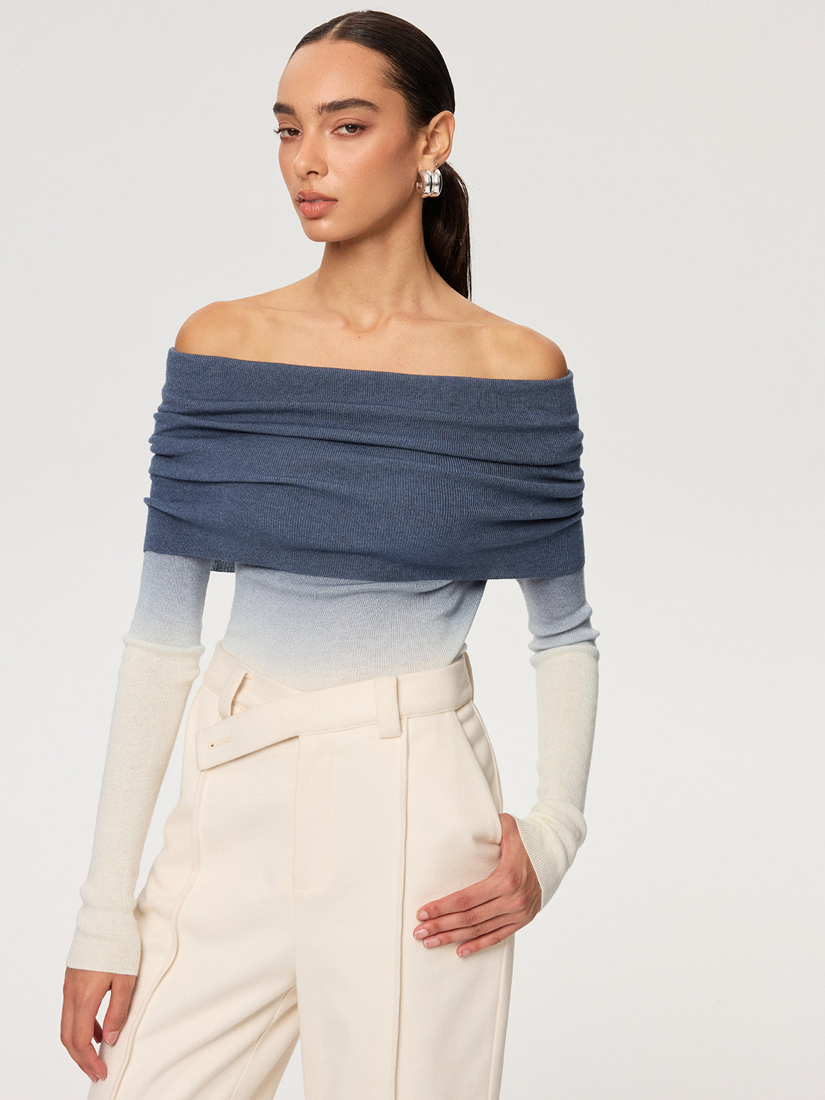 Off-Shoulder Ombre Wool Blend Knit Top-Chicvia
