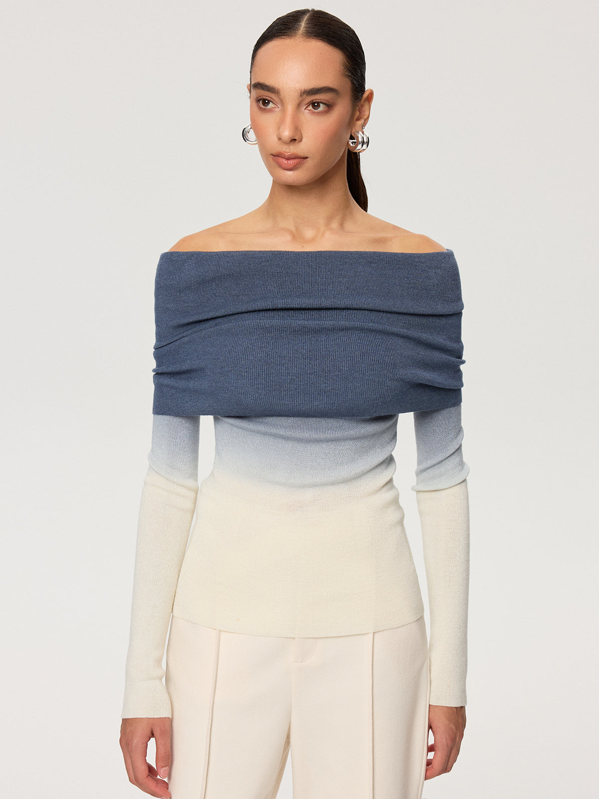 Off-Shoulder Ombre Wool Blend Knit Top-Chicvia