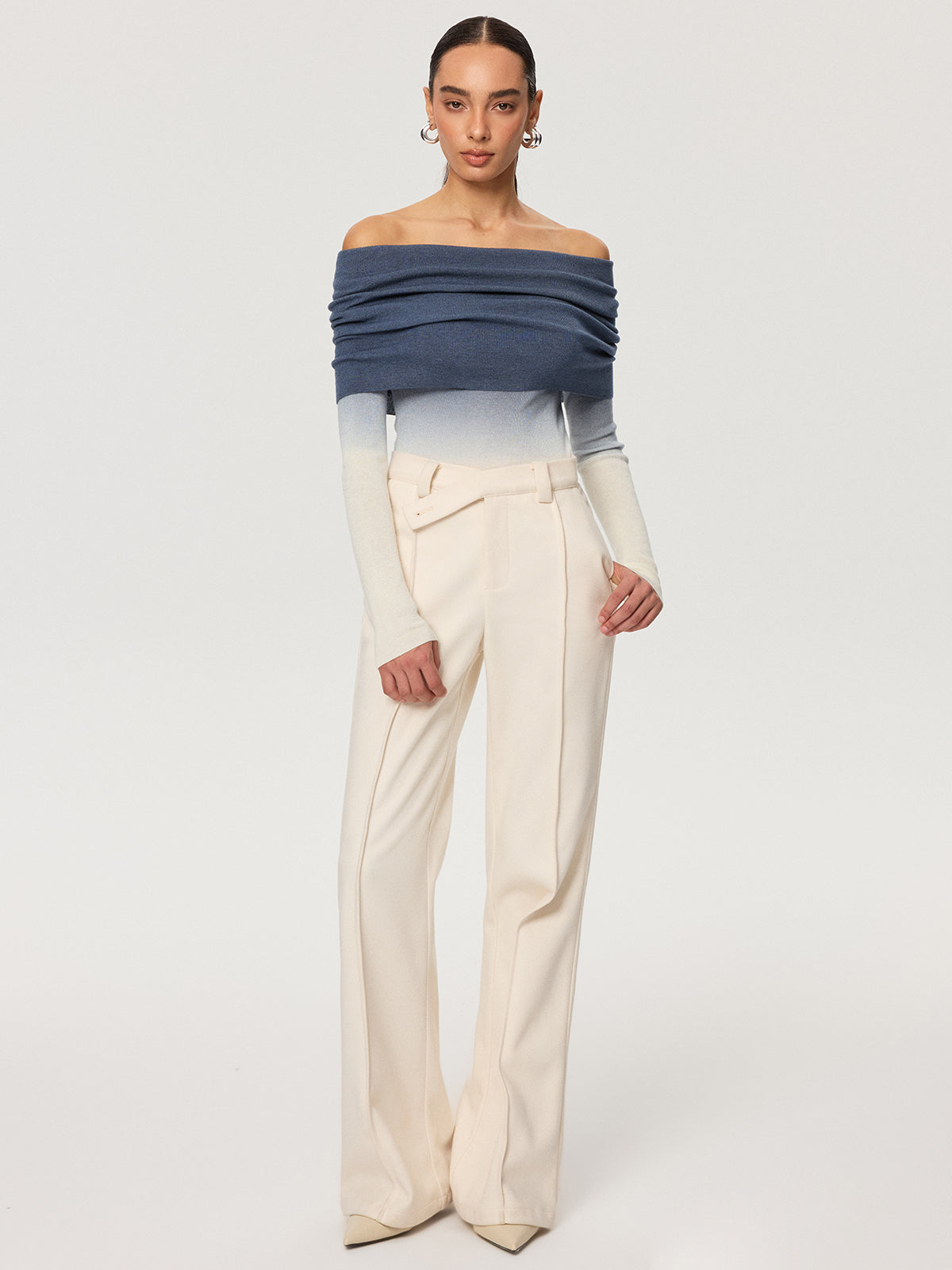 Off-Shoulder Ombre Wool Blend Knit Top-Chicvia